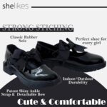 shelikes Girls Back to School Shoes Mary Jane Flat Shoes with Detachable Bow & Black Patent Shiny Ankle Strap - Image 3