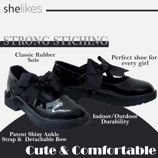 shelikes Girls Back to School Shoes Mary Jane Flat Shoes with Detachable Bow & Black Patent Shiny Ankle Strap - Image 3