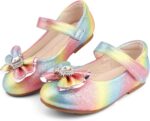 KUWIBY Girl Glitter Princess Flat Shoes Mary Jane Ballet Dress Shoes Kids Bling Bowknot Crown Birthday Party Shoes Bright Diamond Cosplay Dance Shoes for Little Girls Toddlers Multicolor