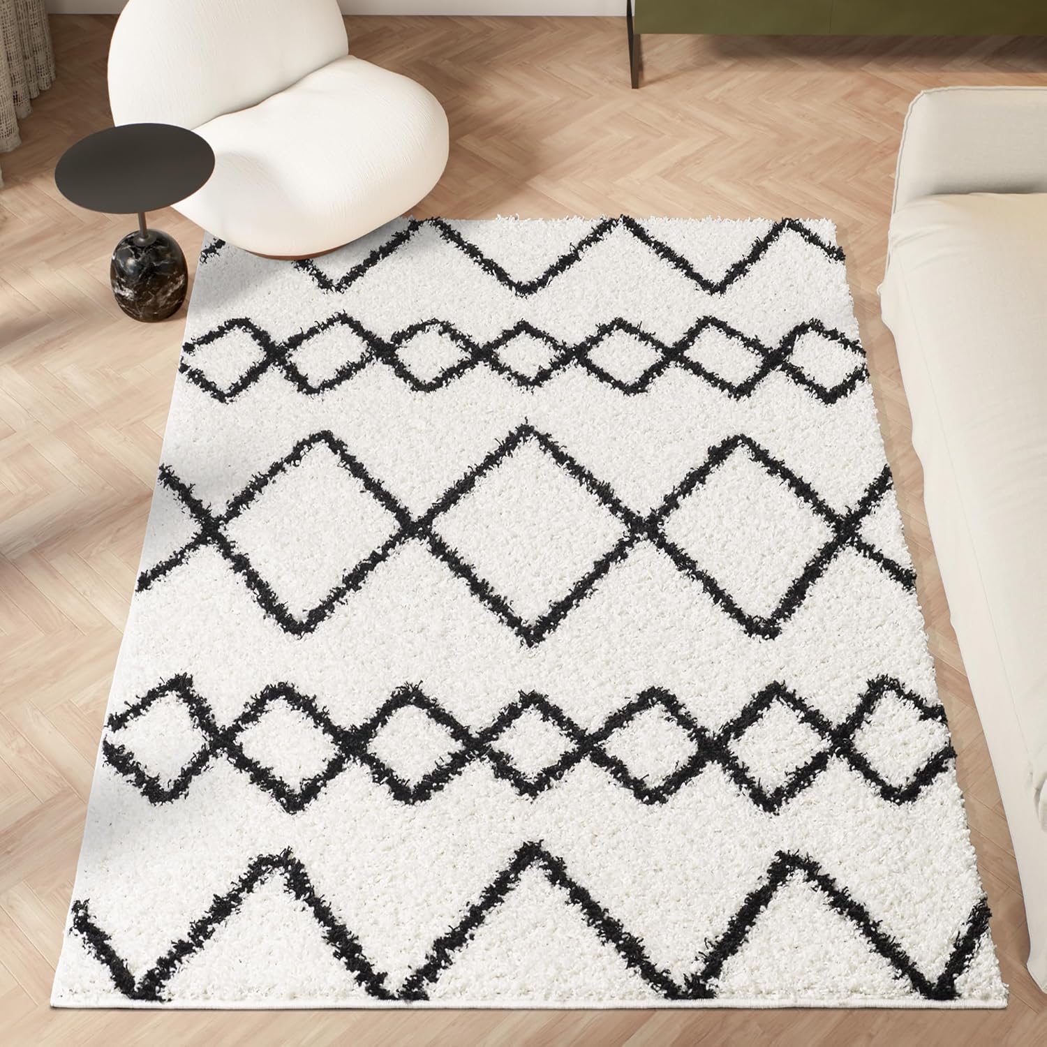 81xJh061MUL._AC_SL1500_.jpg HomeArt Fluffy Shaggy RUG for Living Room, High-Pile (30mm) Super Soft Warm Lined Herringbone Thick Luxury Area Carpet for Bedroom and Home Decoration,Small to Extra Large(White/Black Line, 60x110 cm) - Image 1
