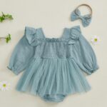 Newborn Baby Girls First Birthday Outfits Letter Floral Embroidery Romper Dress Long Sleeve Jumpsuits with Bowknot Headband Toddler Infant Girls Clothes - Image 3