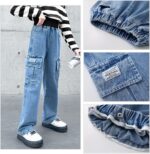 Ripped Jeans for Girls High Elastic Waist Baggy Casual Wide Leg Denim Jeans Fashion Washed Trousers with Pockets Stretchy Vintage Pants Age 5-15 Years - Image 4