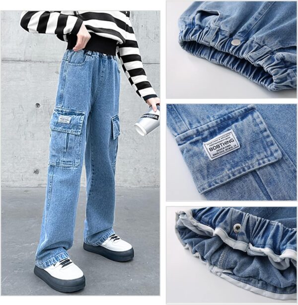 Ripped Jeans for Girls High Elastic Waist Baggy Casual Wide Leg Denim Jeans Fashion Washed Trousers with Pockets Stretchy Vintage Pants Age 5-15 Years - Image 4