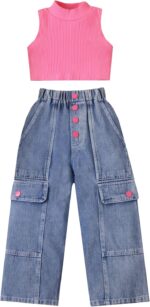 Panegy Girls Two Piece Outfit Ribbed Sleeveless Tank Crop Top Washed Ripped Jeans Solid Vest Elastic Waist Denim Pants