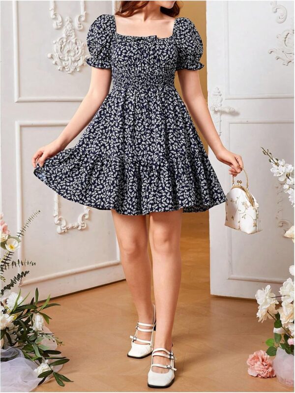 Girl's Floral Square Neck Puff Short Sleeve Dress A Line Ruffle Flowy Vacation Dresses - Image 4