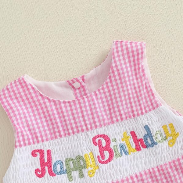 MAHUAOYIXI Toddler Baby Girl Birthday Outfit Short Sleeve Letter Embroidery Shirts Ruffled Hem Tank Tops Vest and Plaid Bloomer Shorts 2Pcs Set Happy Birthday Clothes for Little Girls - Image 5