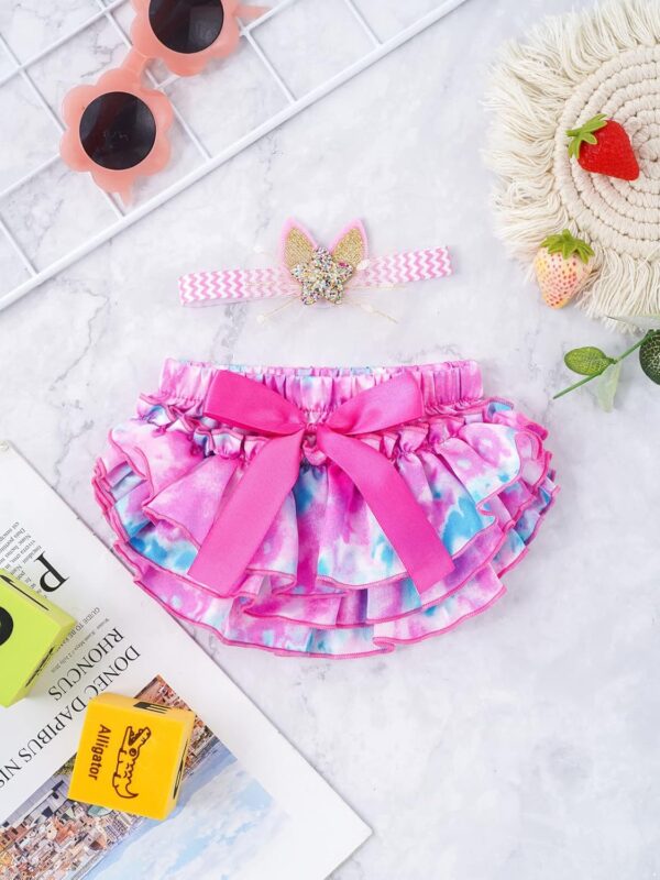 inlzdz Baby Girls Tie Dye Satin Ruffle Bow Bloomers Diaper Covers & Headband Set for Photography - Image 4