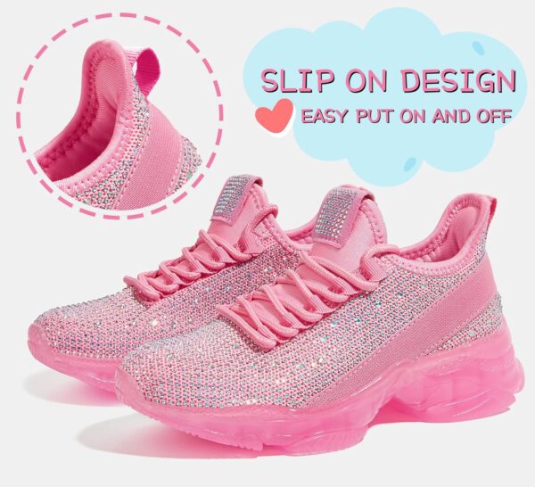 Lucky Step Girls Rhinestone Slip On Sneakers Kids Sparkly Lightweight Tennis School Knit Jelly Sole Glitter Walking Shoes Toddler - Image 3