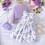 Kids Toddler Girls Dress with Cardigan 2 Piece Outfits Set Floral Sleeveless Dress and Long Sleeve Ruffled Cardigan Bolero Shrug Coat - Image 4