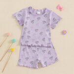 Geagodelia Kid Little Girl Summer Outfit Short Sleeve Bow Print Tops Pullover Elastic Ribbed Shorts Tracksuit Clothes 2Pcs Set - Image 2