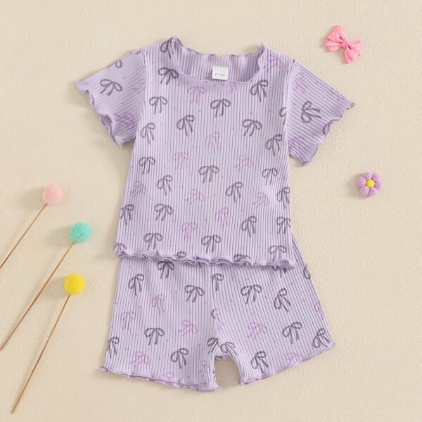 Geagodelia Kid Little Girl Summer Outfit Short Sleeve Bow Print Tops Pullover Elastic Ribbed Shorts Tracksuit Clothes 2Pcs Set - Image 2