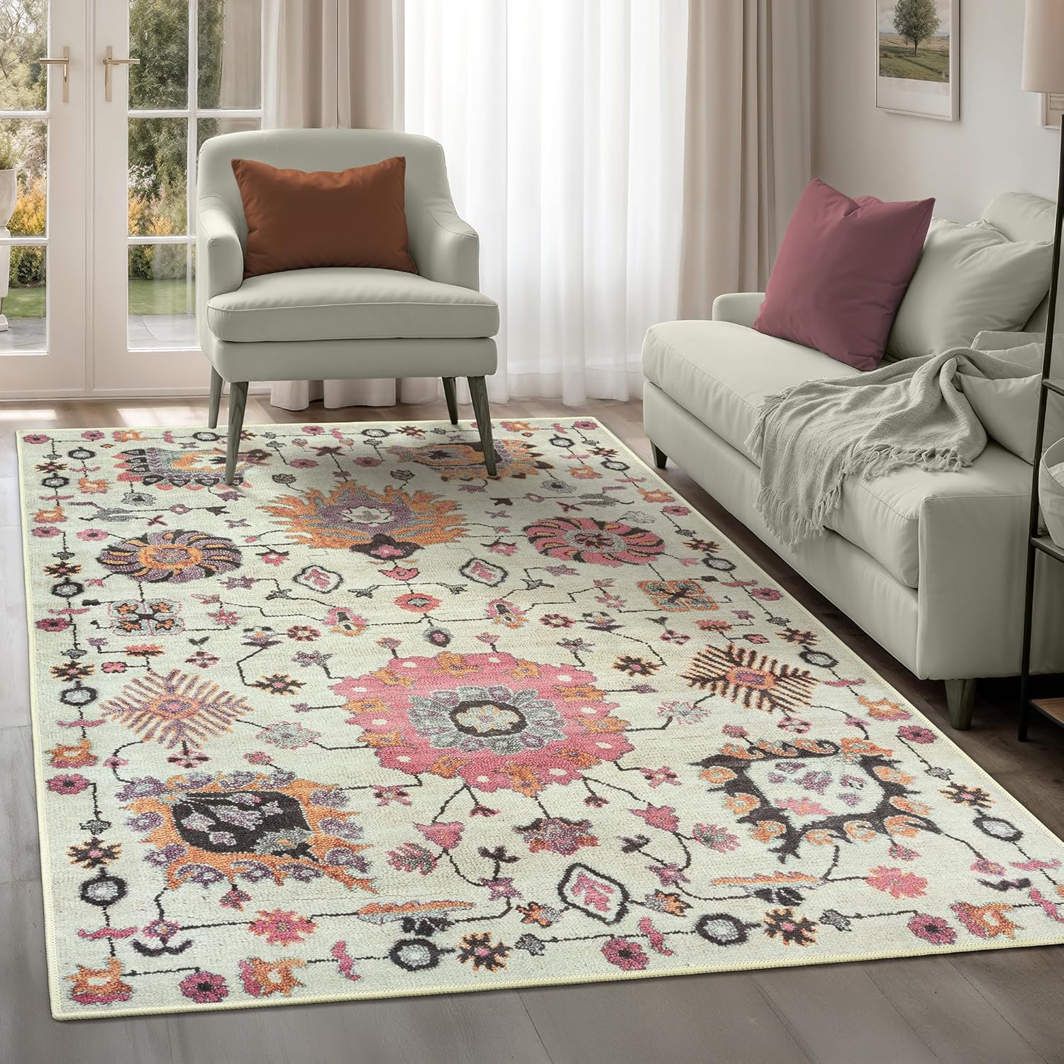 91FTMjhlcgL._AC_SL1500_.jpg Arty Rugs Machine Washable Rug, 200x290cm, 75% Recycled Cotton, Short Pile, Non-Slip Backing, Non-Shedding, Area Rugs for Living Room, Bedroom, Kitchen, Hallway, Office, Ivory & Pink - Image 1
