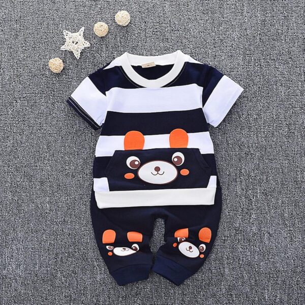 Children's Clothing Set Clothing Sets for Baby Boys Girls: Striped Print Cotton T-Shirt Top + Little Bear Printed Shorts Long Trousers Bloomers Trousers 2-Piece Clothing Set - Image 2