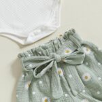 L&ieserram Baby Girls Little Daisy Print Outfits Short Sleeve Bodysuit Top Belted Pants Headband 3Pcs Summer Set - Image 4