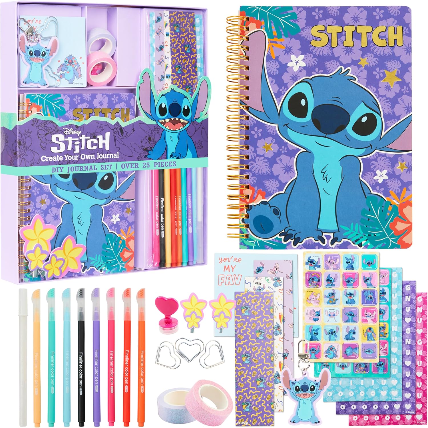 91KjnqXk7ZL._AC_SL1500_.jpg Disney Stitch DIY Journal Kit for Kids Teens A5 Diary Art Supplies Stickers Sticky Notes Keyring Coloured Pens Arts and Crafts Stitch Gifts - Image 1