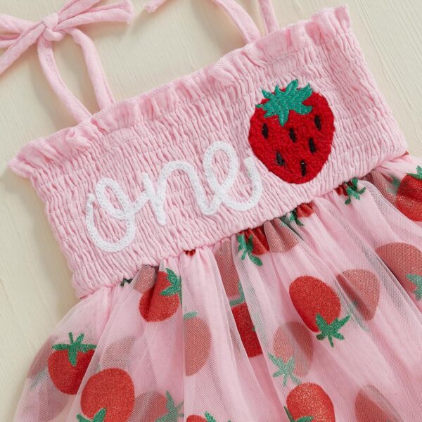BeliBacca First Birthday Outfits for Baby Girls One Year Old Summer Romper Dress Strawberry Letter Embroidery Smocking Tulle Dress Bodysuit with Bow - Image 4