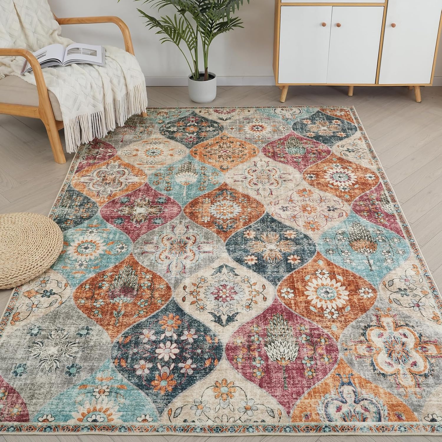 91NsY4R0yUL._AC_SL1500_.jpg Xfrog Moroccan Trellis Washable Living Room Rug - Retro Floral Non-Slip, Large Oriental Accent Cream Throw Indoor Rug for Nursery Bedroom Office Carpet - Image 1