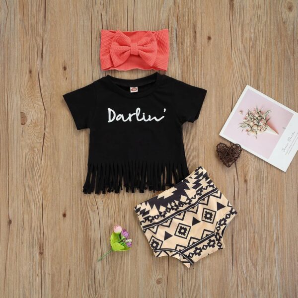 Fabumily Newborn Baby Girl Clothes Set Letter Short Sleeve Tassel T Shirt Bloomer Shorts Headband 3Pcs Infant Summer Outfits - Image 2