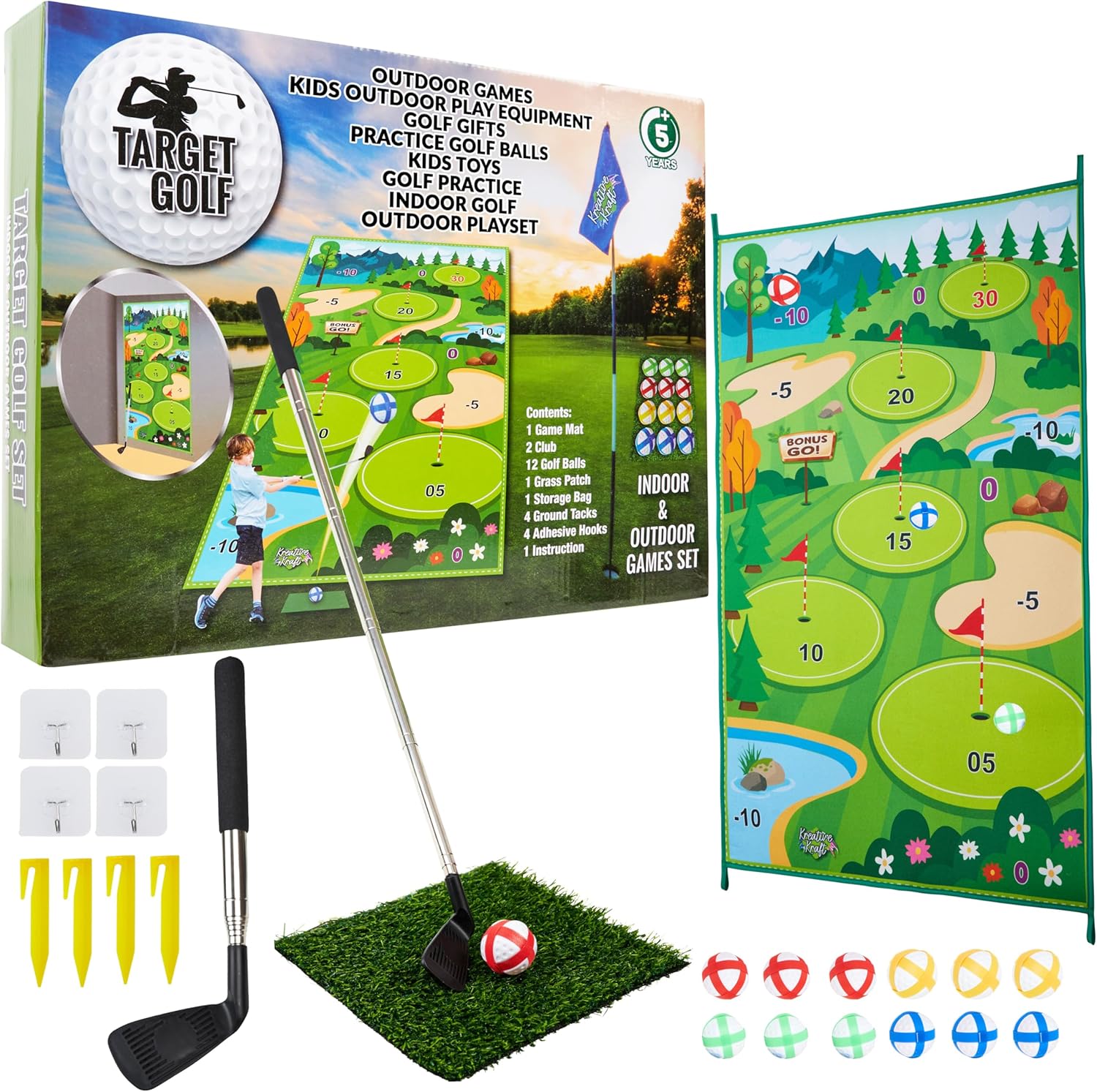 91paM3Pp98L._AC_SL1500_.jpg KreativeKraft Golf Set for Kids Adults Family Games Golf Balls Golf Accessories Kids Toys Indoor Outdoor Garden with Golf Mat Training Putting Practice - Image 1