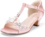 DREAM PAIRS Girls Sandals Ankle Strap T-Strap Low Heel Pearl Bow Flower Pump Dress Wedding Party Shoes for Little Kid/Big Kid
