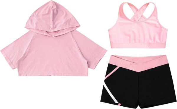 CHICTRY Kid Girls 3 Pieces Dance Outfit Gymnastics Hooded Crop Top Sleeveless Camisole and Shorts Set Tracksuit - Image 3