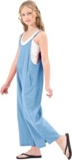 Rolanko Girls Jumpsuit Adjustable Spaghetti Strap Loose Overalls Rompers, Cotton Baggy Plain Playsuits with Pockets for Age 5-12 Years - Image 2