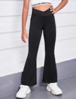 Arshiner Girls School Trouser Flare Leggings High Waisted V Crossover Casual Yoga Bell Bottoms with Pockets Pants for Kid - Image 3