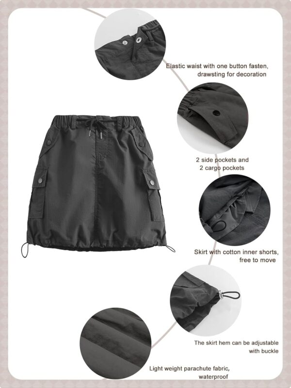 Rolanko Girls Skirts Inner Shorts with Pockets, Adjustable Parachute Cargo Sport Skort with Elastic Waistband - Image 6