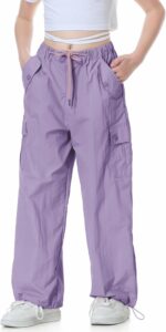 Rolanko Girls Baggy Cargo Parachute Trousers, Y2K Vintage Joggers with Adjustable Elastic Waist for Kids Fit