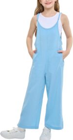Rolanko Girls Jumpsuit Adjustable Spaghetti Strap Loose Overalls Rompers, Cotton Baggy Plain Playsuits with Pockets for Age 5-12 Years