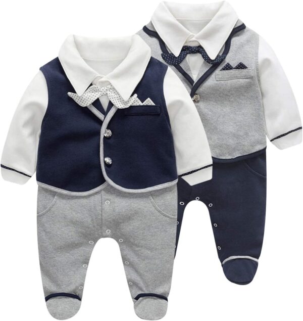 FamukaBaby Boys Romper One-Piece Suit Gentleman Jumpsuit Bow Tie Cotton Formal Outfits - Image 2