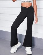 Arshiner Girls School Trouser Flare Leggings High Waisted V Crossover Casual Yoga Bell Bottoms with Pockets Pants for Kid - Image 2