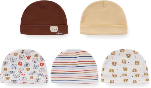 Newborn Baby 5 Hats and 5 Pairs Anti-Scratch Mittens for Babies Boys and Girls,Ages 0-6 Months 100% Cotton - Image 2