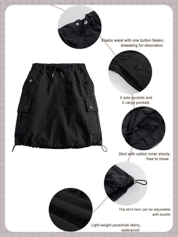 Rolanko Girls Skirts Inner Shorts with Pockets, Adjustable Parachute Cargo Sport Skort with Elastic Waistband - Image 6