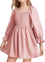 JiAmy Girls Dress Long Sleeve Square Neck Dresses Spring Summer Kids Casual Elegant Wedding Party A-Line Skirt Clothes for Girl 4-14 Years