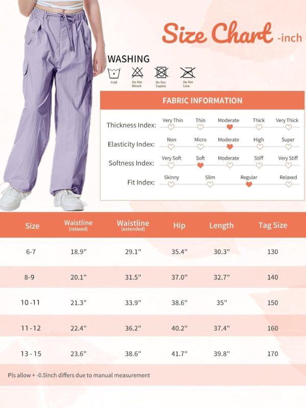 Rolanko Girls Baggy Cargo Parachute Trousers, Y2K Vintage Joggers with Adjustable Elastic Waist for Kids Fit - Image 6