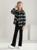 Naiyafly Girls 3 Piece Outfits Kids Cami Top + Flare Pants Set with Plaid Shirt Set Youth Girls Long Jacket Tanks Top Flare Leggings Bell Bottom Clothes - Image 2