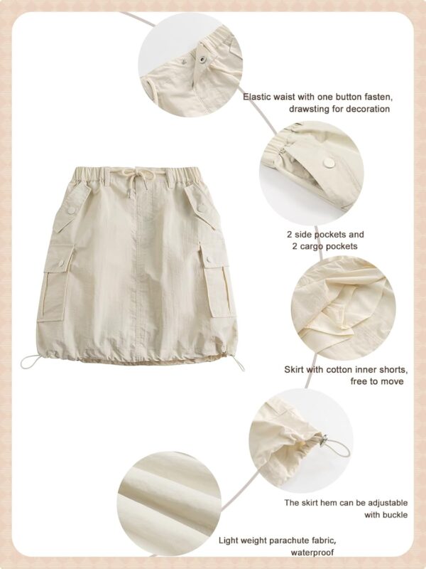 Rolanko Girls Skirts Inner Shorts with Pockets, Adjustable Parachute Cargo Sport Skort with Elastic Waistband - Image 6