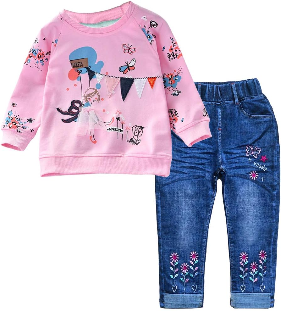61ua3vHeLFL._AC_SL1010_.jpg Peacolate 2-11T Toddler Big Girls Pants Clothing Set 2pcs Cotton top and Jeans - Image 1