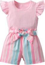 Derouetkia Toddler Baby Girl Clothes Ruffle Tops Solid Colour Short Sleeve and Shorts Summer Outfits Set