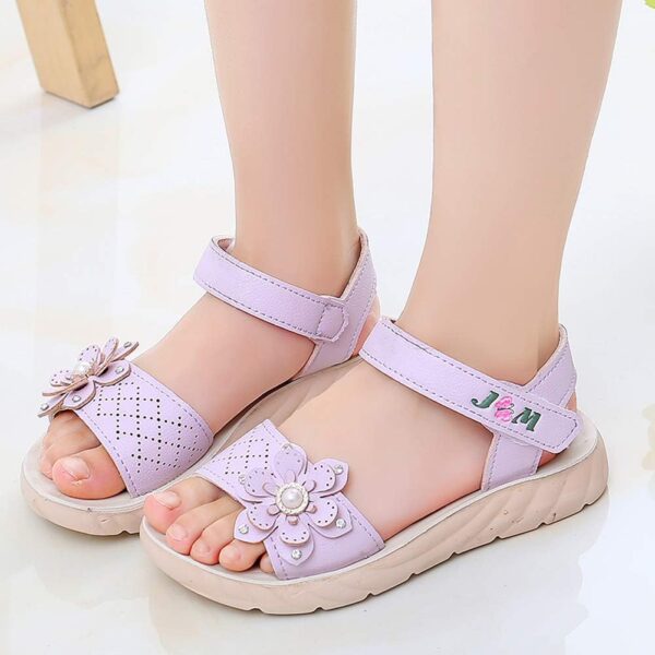 Girls Sandals Toddler Little Girls Sandals with Pearls Flower Summer Breathable Leather Shoes - Image 2