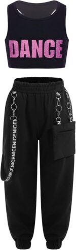 TSSOE Kids Girls 2Pcs Tracksuit Sleeveless Letter Printed Crop Top with Cargo Pant Hip Hop Jazz Outfit