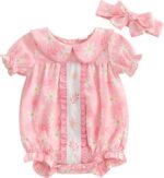 Baby Girl Romper Outfit Bow Print Cute Doll Collar with Headband Summer Newborn Clothes for Baby Girls 0-18 Months
