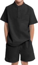 JiAmy Boys Clothing 2 Piece Set, Henley Collar Short Sleeves Tops with Shorts Kit, Summer Casual Cotton Kids Coordinating Outfits for 5-14 Years