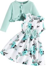 Girl Dress Toddler Long Sleeve Dresses A-line Floral Casual Party Dress with Cardigan Sets for Little Big Kids 4-13 Years