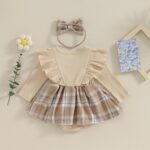 Infant Baby Girls 2Pcs Dress Outfits Ruffle Long Sleeve Plaid Print Skirt Romper with Headband Set Cute Fall Short Skirt Set - Image 4