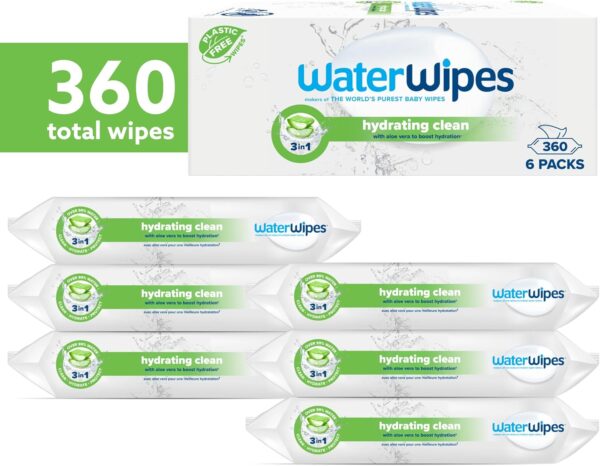 WaterWipes Hydrating Clean Baby Wipes, 360 Wipes (6 Packs), with 99% Water & Aloe Vera Extract, Wet Wipes for Face & Body - Image 2