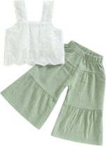 Kids Toddler Baby Girl Summer Outfits Lace Crop Tank Top Cotton Linen Flare Wide Leg Pants Set 2Pcs Outfit