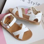 Baby Girls Leather Padded X-Strap Sandals Flat Soft Wide Shoes Toddler Kids Ankle Buckle P𝐞ep Toe Summer Sandals Comfy Toddler Girl White Sandals Size 8 Slides Kids Foam( - Image 2