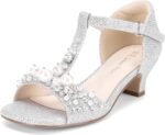 DREAM PAIRS Girls Sandals Ankle Strap T-Strap Low Heel Pearl Bow Flower Pump Dress Wedding Party Shoes for Little Kid/Big Kid